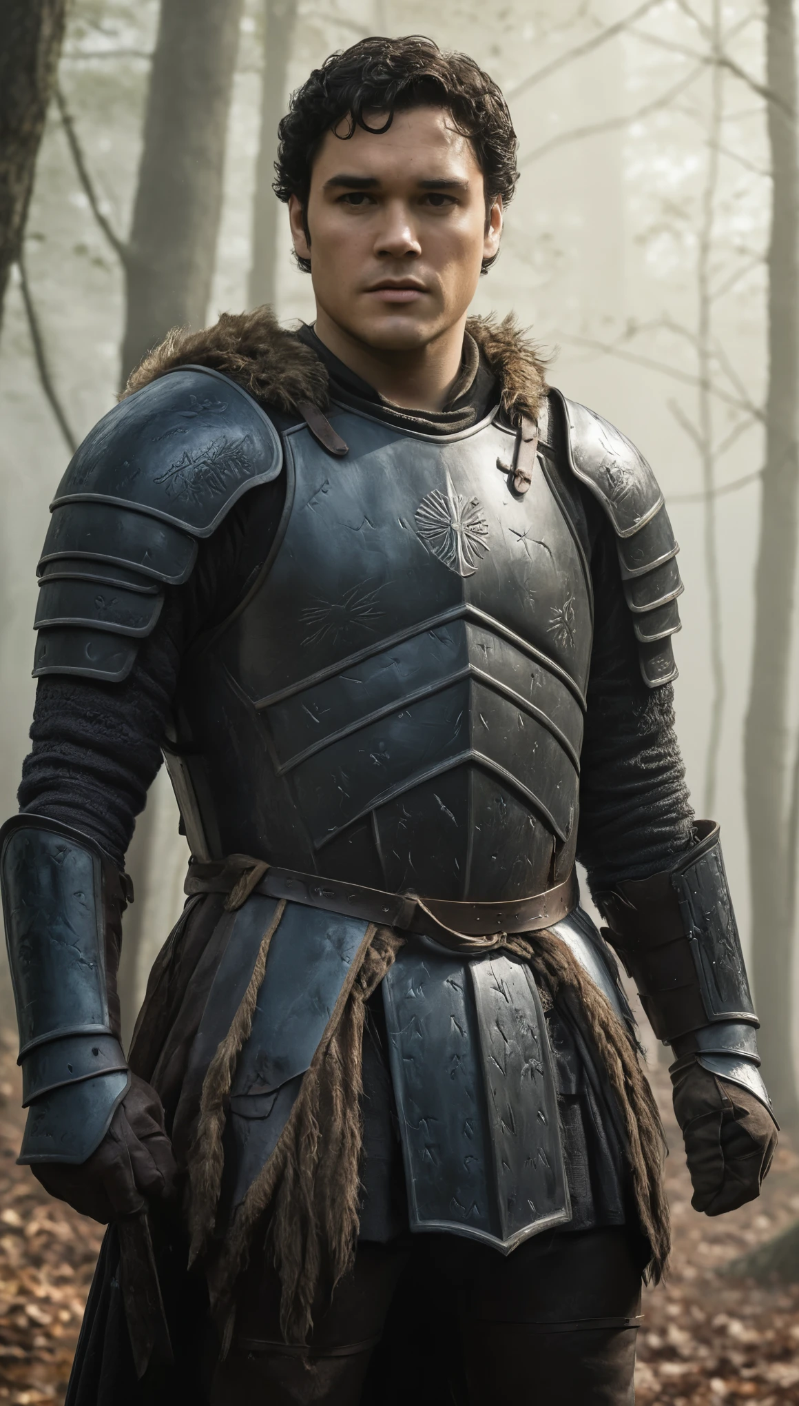 An illustrated movie poster, hand-drawn, full color, a giant knight, 21 years-old, wearing a leather cuirass, resembles Dean Cain, sun-tanned skin, stocky physique, extremely tall, deep brown eyes, wide bulbous nose, black hair, curly hair, thick bushy eyebrows, scruffy beard, extremely hairy chest, stomach, and arms, lots of body hair, posing in a misty grove, hard shadows, graphite shading, stencil markings, airbrushed acrylic paint, masterpiece, in the style of Game of Thrones