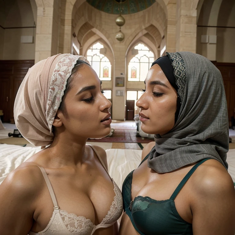 two hijab women,lesbian inside mosque, perfect face,perfect body, inside mosque,bra,cd,aying on bed,,noses pressed against mouths