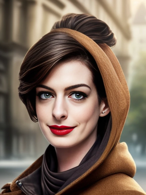 Anne Hathaway、(masterpiece:1.0), (Highest_quality:1.2), (Dark Shot:1.3), Classic Rogue, 1991 Rogue X-Men, 1 girl, Only 1, Head to Toe, standing on street corner, Elegant pose, (clothing: Brown winter coat, Brown color hood, Down lining, White scarf, gloves, jeans) Medium length hair, Brown Hair, Wavy Hair, One gray hair, Green Eyes, Mischievous look, Grin, Lips parted, Red lipstick, Heavy makeup, Confident expression, Backlight, (realism: 1.5), (Realistic: 1.4), (Disorganized:1.4), 8k, Very detailed, Detailed beautiful woman, (background: Midnight, it's snowing, On the streets of New York, Snowy Night), Official Art, Very detailed CG Unity 8k wallpaper, Perfect lighting, colorful, 超High resolution, photograph, 8k, High resolution, Kodak Portrait 400, Film Grain, blurry background, (Bokeh:1.2), (Vibrant_color:1.2), Film Grain:1.2, (Warm colors, Warm Tones:1.2), (color photo), Professional Photograph
