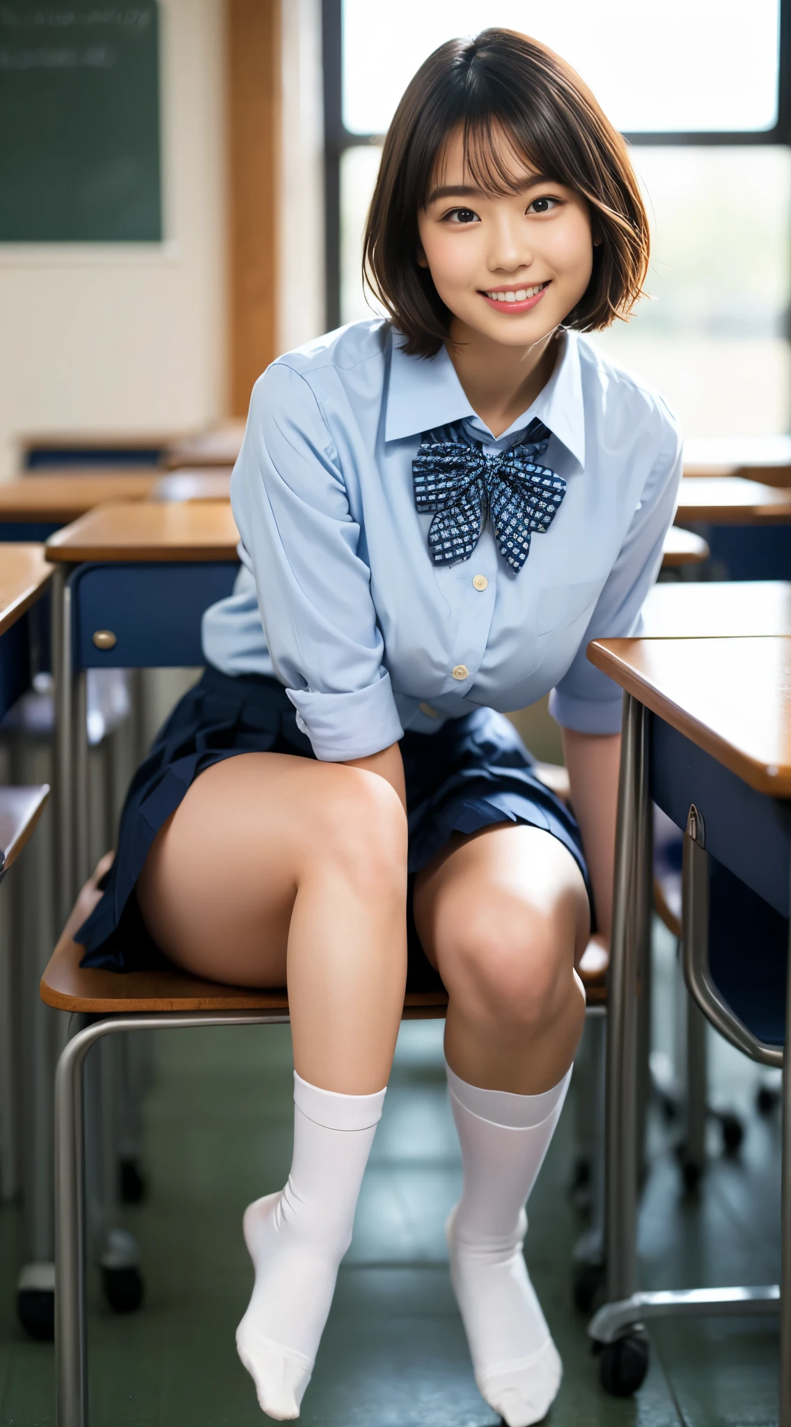 (8k、Raw photo、highest quality、masterpiece:1.2),(Spread your legs wide,Legs wide open),(short hair:1.3),Staring at the audience,Viewed from the front,erotic,White skin,(White panties),Absurd,masterpiece,highest quality、超A high resolution,,Len,Beautiful poop,one person, solo,whole body,JK ,high school girl,Japanese women、(Photorealistic:1.37)、Photon Mapping,Realistic、(Cute face: 1.4)、Serme、Attractive face、(Red bow tie)、Radio City、物理ベースLenダリング、prospect、Depth of written boundary、Blurred Background、picture,Beautiful feet, Nose Soft,(Light blue shirt), (Navy, blue and white checkered pleated skirt), I can see your knees,Cleanse your thighs,Nogizaka Idol, , Japanese Ido、Big ample breasts、(Cute Smile: 1.5),whole body写真、Roll up the skirt yourself、Super Definition、School classroom、Sit on the desk and spread your legs、White knee-high socks