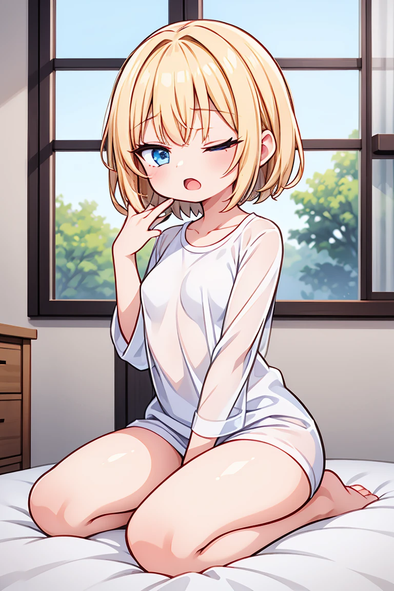 (masterpiece,best quality:1.5),chisato nishikigi,1girl, yellow short hair, perfect face, open one eyes, tears, affraid expresion, small breast, naked, proporsional body, sleeping,  full body, lying , blush, off shoulder, open shirt, missionarypose, 1boy, (penis), missionary, (vaginal)