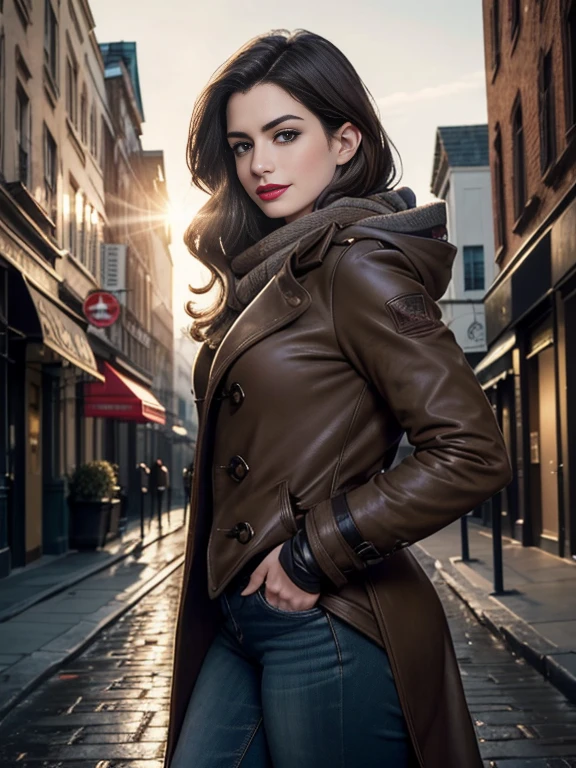 Anne Hathaway、(masterpiece:1.0), (Highest_quality:1.2), (Dark Shot:1.3), Classic Rogue, 1991 Rogue X-Men, 1 girl, Only 1, Head to Toe, standing on street corner, Elegant pose, (clothing: Brown winter coat, Brown color hood, Down lining, White scarf, gloves, jeans) Medium length hair, Brown Hair, Wavy Hair, One gray hair, Green Eyes, Mischievous look, Grin, Lips parted, Red lipstick, Heavy makeup, Confident expression, Backlight, (realism: 1.5), (Realistic: 1.4), (Disorganized:1.4), 8k, Very detailed, Detailed beautiful woman, (background: Midnight, it's snowing, On the streets of New York, Snowy Night), Official Art, Very detailed CG Unity 8k wallpaper, Perfect lighting, colorful, 超High resolution, photograph, 8k, High resolution, Kodak Portrait 400, Film Grain, blurry background, (Bokeh:1.2), (Vibrant_color:1.2), Film Grain:1.2, (Warm colors, Warm Tones:1.2), (color photo), Professional Photograph