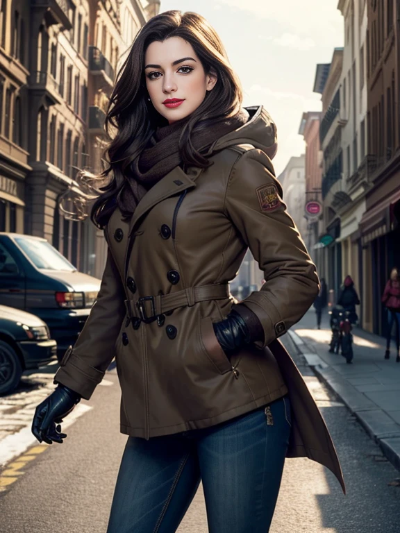 Anne Hathaway、(masterpiece:1.0), (Highest_quality:1.2), (Dark Shot:1.3), Classic Rogue, 1991 Rogue X-Men, 1 girl, Only 1, Head to Toe, standing on street corner, Elegant pose, (clothing: Brown winter coat, Brown color hood, Down lining, White scarf, gloves, jeans) Medium length hair, Brown Hair, Wavy Hair, One gray hair, Green Eyes, Mischievous look, Grin, Lips parted, Red lipstick, Heavy makeup, Confident expression, Backlight, (realism: 1.5), (Realistic: 1.4), (Disorganized:1.4), 8k, Very detailed, Detailed beautiful woman, (background: Midnight, it's snowing, On the streets of New York, Snowy Night), Official Art, Very detailed CG Unity 8k wallpaper, Perfect lighting, colorful, 超High resolution, photograph, 8k, High resolution, Kodak Portrait 400, Film Grain, blurry background, (Bokeh:1.2), (Vibrant_color:1.2), Film Grain:1.2, (Warm colors, Warm Tones:1.2), (color photo), Professional Photograph