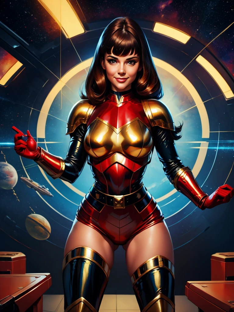 Best Quality oil paint art, Beautiful Vintage Space Woman, cabelo liso preto,bangs, Looking at Viewer, SHY SMILE,metallic Ultra shiny cramped red armor, adjusting high-tech gloves,tech belt, thighs and knee, spaceship battle scenery