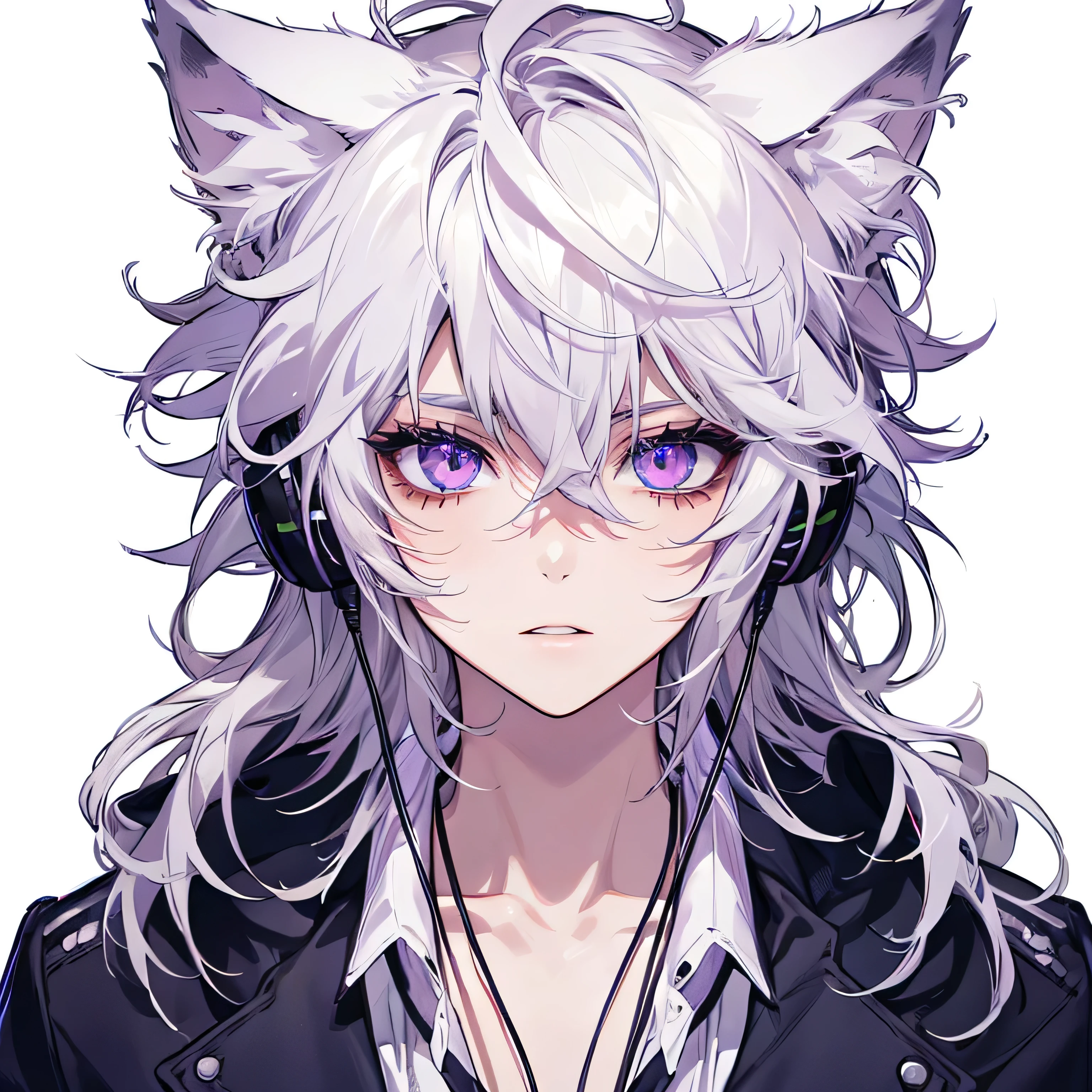 Ultra detailed beautiful eyes, handsome, violet eyes, clear white hair, headphone on the wolf ears.