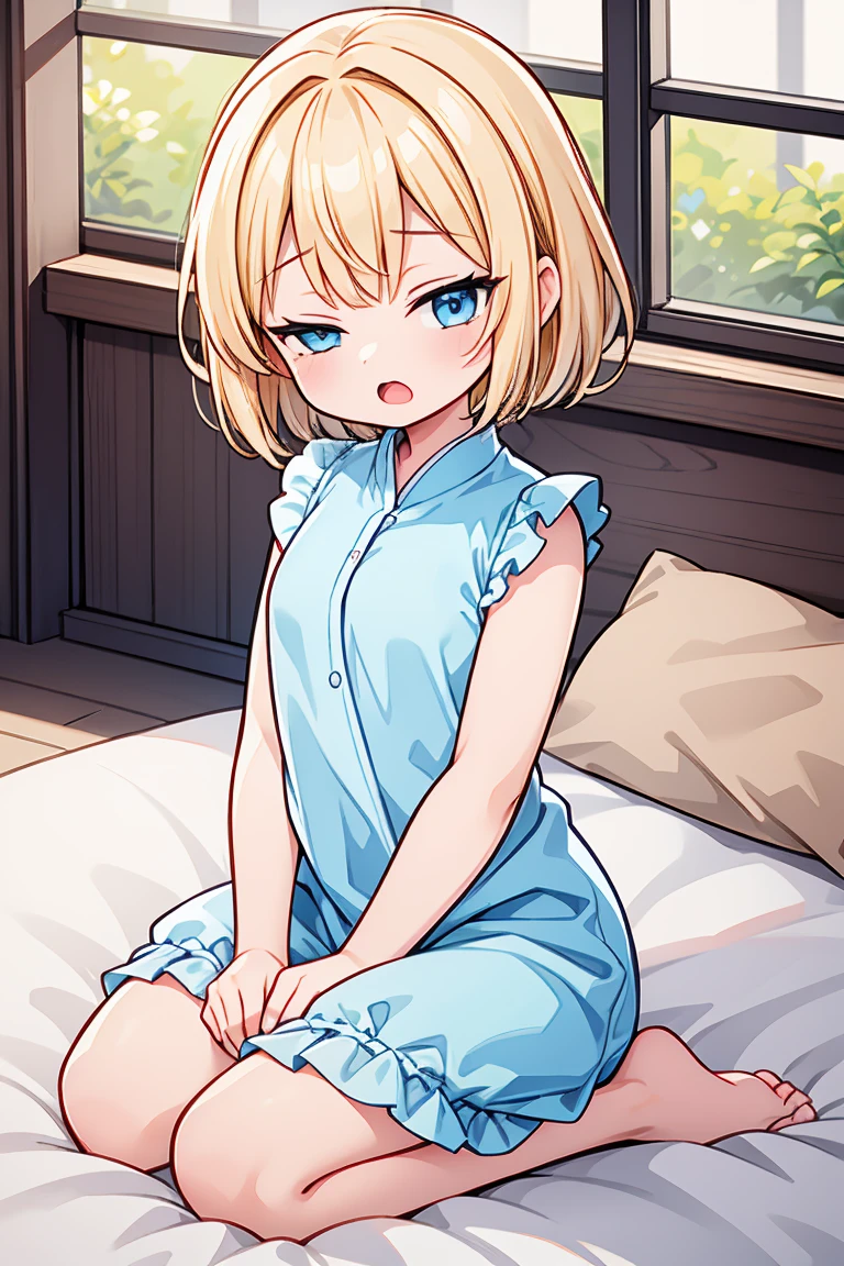 ((ultra detailed, masterpiece, best quality, 8k)), BREAK, 1girl, solo, (very flat breasts:1.2), (chibi:0.6),clear skinned female:1.2, ,(clear skin:1.8), blonde hair, short hair, pixie cut, wavy hair, blue eyes, one eyes closed, wake up yawn, open mouth, covering mouth, pijamas, (white pijamas), window, morning, looking at viewer, sitting, seiza, waking up, on bed, full body, detailed hands, BREAK
