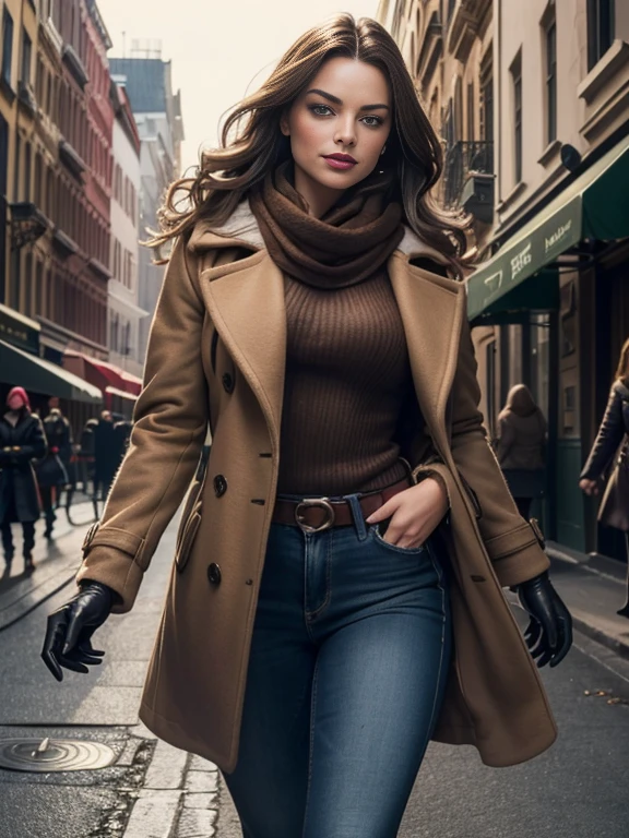 Margot Robbie、(masterpiece:1.0), (Highest_quality:1.2), (Dark Shot:1.3), Classic Rogue, 1991 Rogue X-Men, 1 girl, Only 1, Head to Toe, standing on street corner, Elegant pose, (clothing: Brown winter coat, Brown color hood, Down lining, White scarf, gloves, jeans) Medium length hair, Brown Hair, Wavy Hair, One gray hair, Green Eyes, Mischievous look, Grin, Lips parted,  Red lipstick, Heavy makeup, Confident expression, Backlight, (realism: 1.5), (Realistic: 1.4), (Disorganized:1.4), 8k, Very detailed, Detailed beautiful woman,  (background: Midnight, it&#39;s snowing, On the streets of New York, Snowy Night), Official Art, Very detailed CG Unity 8k wallpaper, Perfect lighting, colorful, 超High resolution, photograph, 8k, High resolution, Kodak Portrait 400, Film Grain, blurry background, (Bokeh:1.2), (Vibrant_color:1.2), Film Grain:1.2, (Warm colors, Warm Tones:1.2), (color photo), Professional Photograph