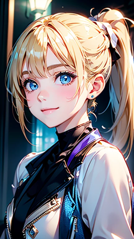 Best quality , masterpiece, Portrait、、Bright expression、ponytail、Young, shiny, white, glossy skin、Gloss Face、Shining Cheek Gloss、Small Face Beauty、The best beauty、The dazzling light of blonde hair、Bright blonde hair with dazzling highlights、Very beautiful shiny light blonde hair、super long silky straight hair、Her shiny, beautiful bangs are covering her eyes.、Sparkling, clear, attractive, bright, large, pale blue eyes、Very big eyes、eyeliner、very beautiful lovely cute girl、young girl, Ample Bust, upper body , (smile:1.2) , ((((jacket , ponytail ))))