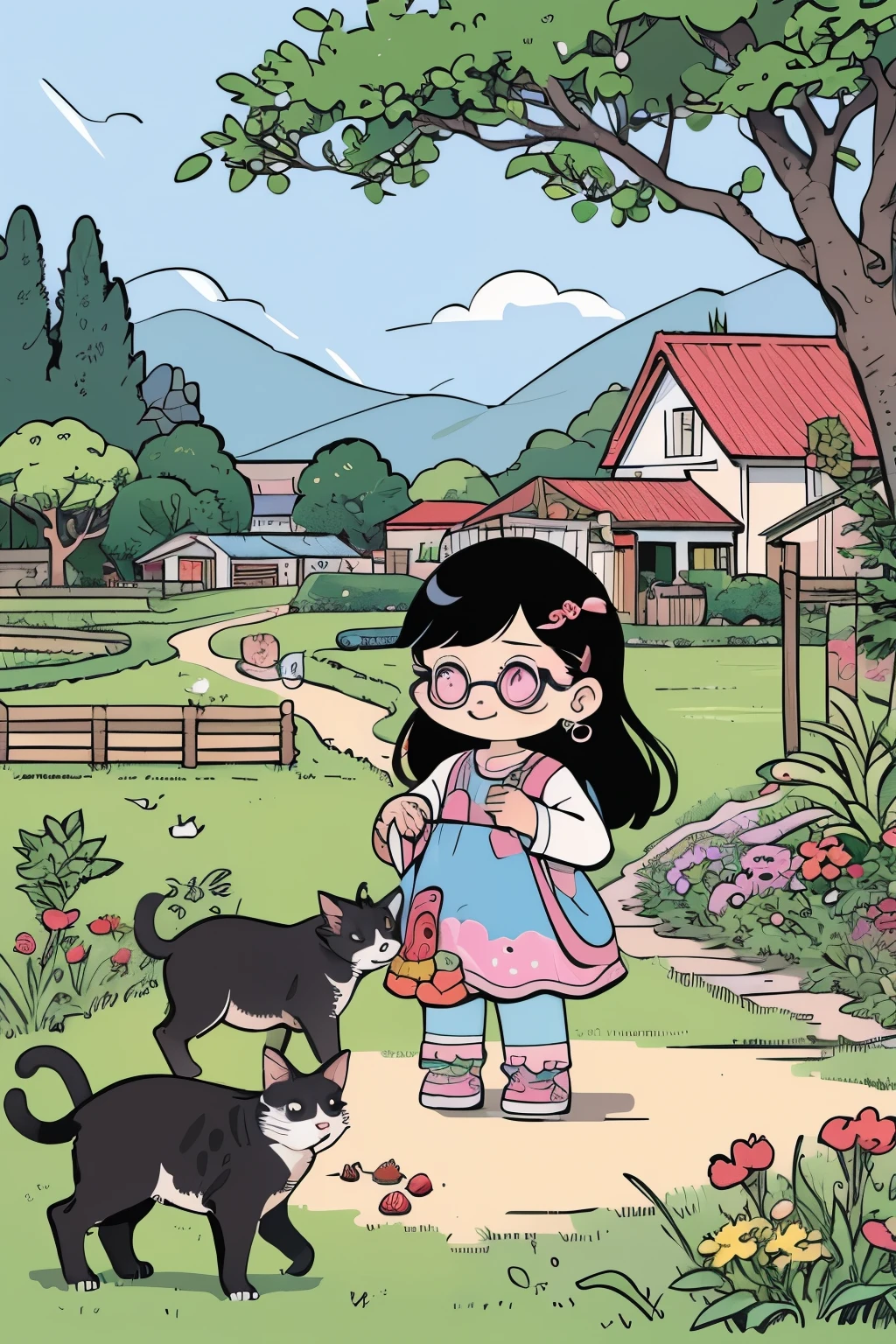 cartoon girl in garden with vegetables and cats, wonderful compositions, ( colorful ), in the style of sachin teng, cute detailed digital art, cute art style, front page of art station, cute detailed artwork, idyllic and fruitful land, stardew valley, anime nature wallpap, blurry and dreamy illustration, colorful palette illustration, cute style garden, many plants, farm, farm background, harvest, farmer, vegetables, striking detailed artstyle, beautiful detailed background, beautiful isometric garden, garden behind the glasses, colorful illustration, cute art, anime nature, farming, fruit world, garden background, cute illustration, in a verdant garden, (art station)Pastel color simple details,chibi,full body,