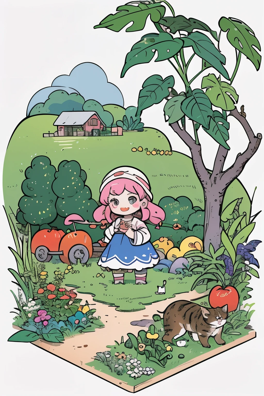 cartoon girl in garden with vegetables and cats, wonderful compositions, ( colorful ), in the style of sachin teng, cute detailed digital art, cute art style, front page of art station, cute detailed artwork, idyllic and fruitful land, stardew valley, anime nature wallpap, blurry and dreamy illustration, colorful palette illustration, cute style garden, many plants, farm, farm background, harvest, farmer, vegetables, striking detailed artstyle, beautiful detailed background, beautiful isometric garden, garden behind the glasses, colorful illustration, cute art, anime nature, farming, fruit world, garden background, cute illustration, in a verdant garden, (art station)Pastel color simple details,chibi,full body,