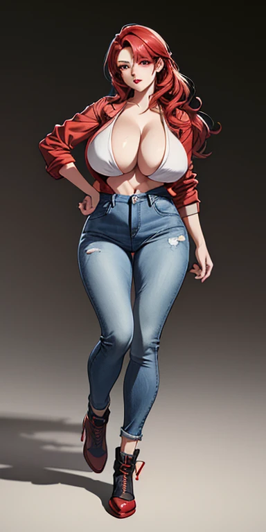 a woman in jeans and a red t-shirt with jeans jacket posing for a picture, beautiful face, red lips, red hair, perfect body shape , beautiful alluring anime woman, extremely detailed artgerm, as seen on artgerm, style artgerm, cleavage, revealing clothes, artgerm comic, artgerm. anime illustration, like artgerm, detailed digital anime art, full body (NSFW breasts), hdri, extremely naked, nude, nua, pelada, nsfw, gigantic breast 1.9