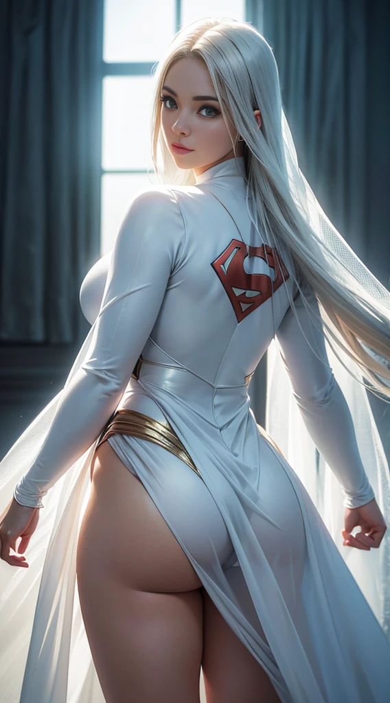 Superman (woman, White costume) от DC Comics, CGI with clear focus, Photorealistic, high detail, Realistic, Masterpiece, absurdress, Best Quality, HDR, hiquality, hight resolution, Extremely detailed, 8k wallpaper, intricate details, 8K UHD, Full-HD, (foto realista:1.2), Contrast, sharp lighting, Cinematic lighting, natural lighting, hard light, Backlighting, Global Illumination, Environment Occlusion