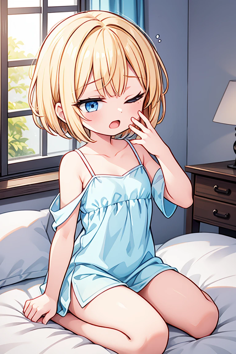 ((ultra detailed, masterpiece, best quality, 8k)), BREAK, 1girl, solo, (very flat breasts:1.2), (chibi:0.6),clear skinned female:1.2, ,(clear skin:1.8), blonde hair, short hair, pixie cut, wavy hair, blue eyes, one eyes closed, wake up yawn, open mouth, covering mouth, pijamas, (white pijamas), window, morning, looking at viewer, sitting, seiza, waking up, on bed, full body, detailed hands, BREAK
