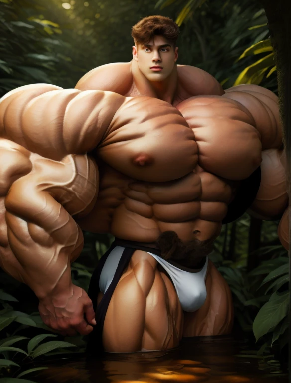 1boy, giant, model shoot style, looking at viewer, standing, illuminating light, outdoor, strong body, bulk, large size, standing, sunmer, in the forest, white triangular underwear, prominent bulge, big, brutalmass, giant, muscular body, bulk, massive body, squishy body, large meaty body size