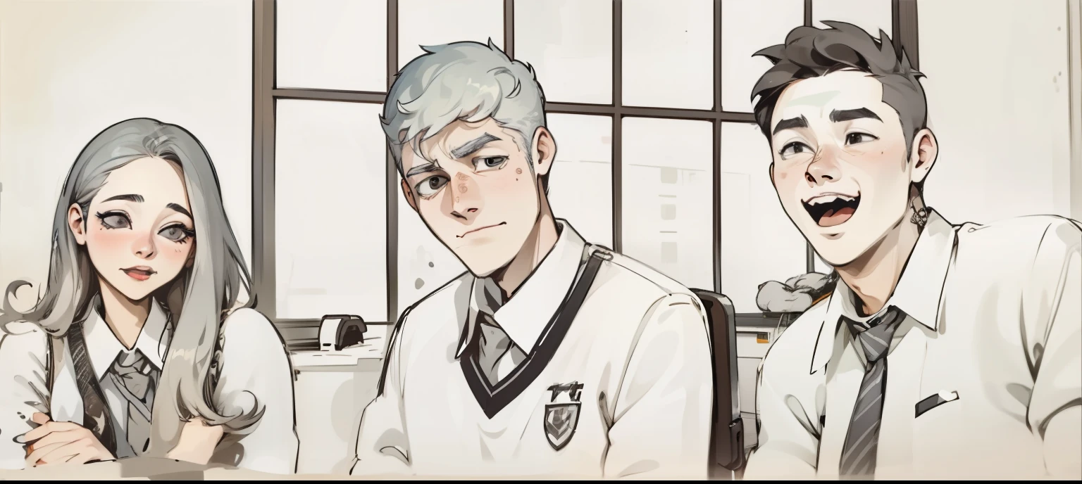 There is a girl and two boys who are at school, their hair is gray.