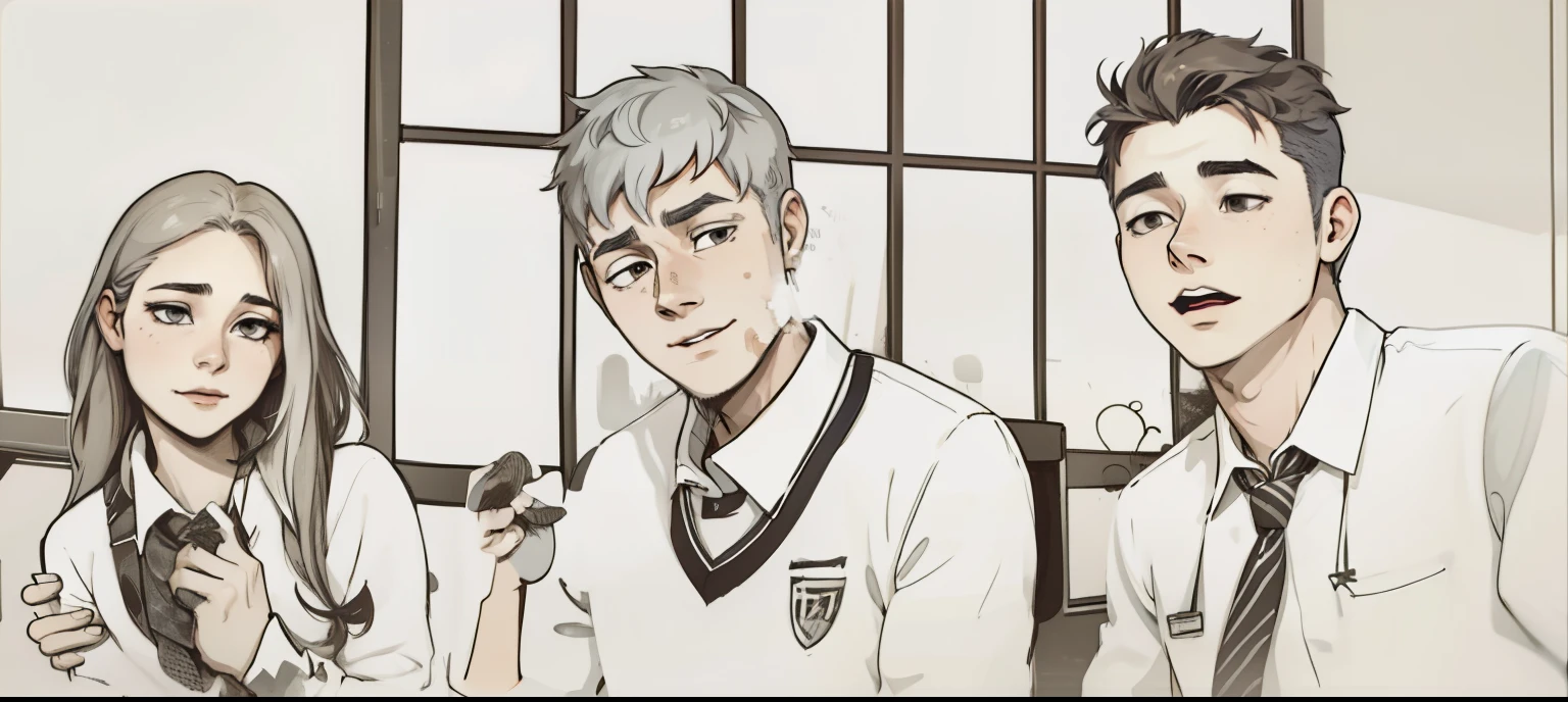 There is a girl and two 17 year old boys who are at school, their hair is gray.