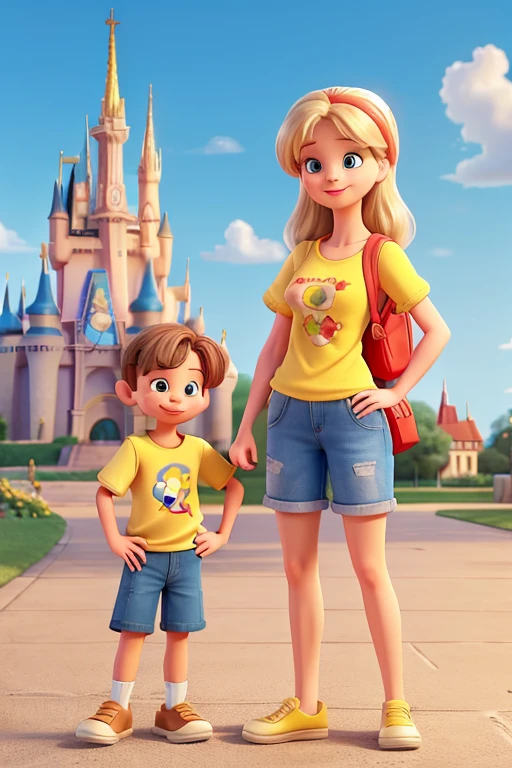mother and son with the Cinderella Castle on the background. The mother is Blond, straight hair, mid-aged, thin eyebrow, red lips, wearing a yellow shirt with a princess on it, and denim shorts. The son is 6 years old, short and brown hair, wearing a yellow shirt with Mickey Mouse on it, red shorts and a cap with Mickey ears