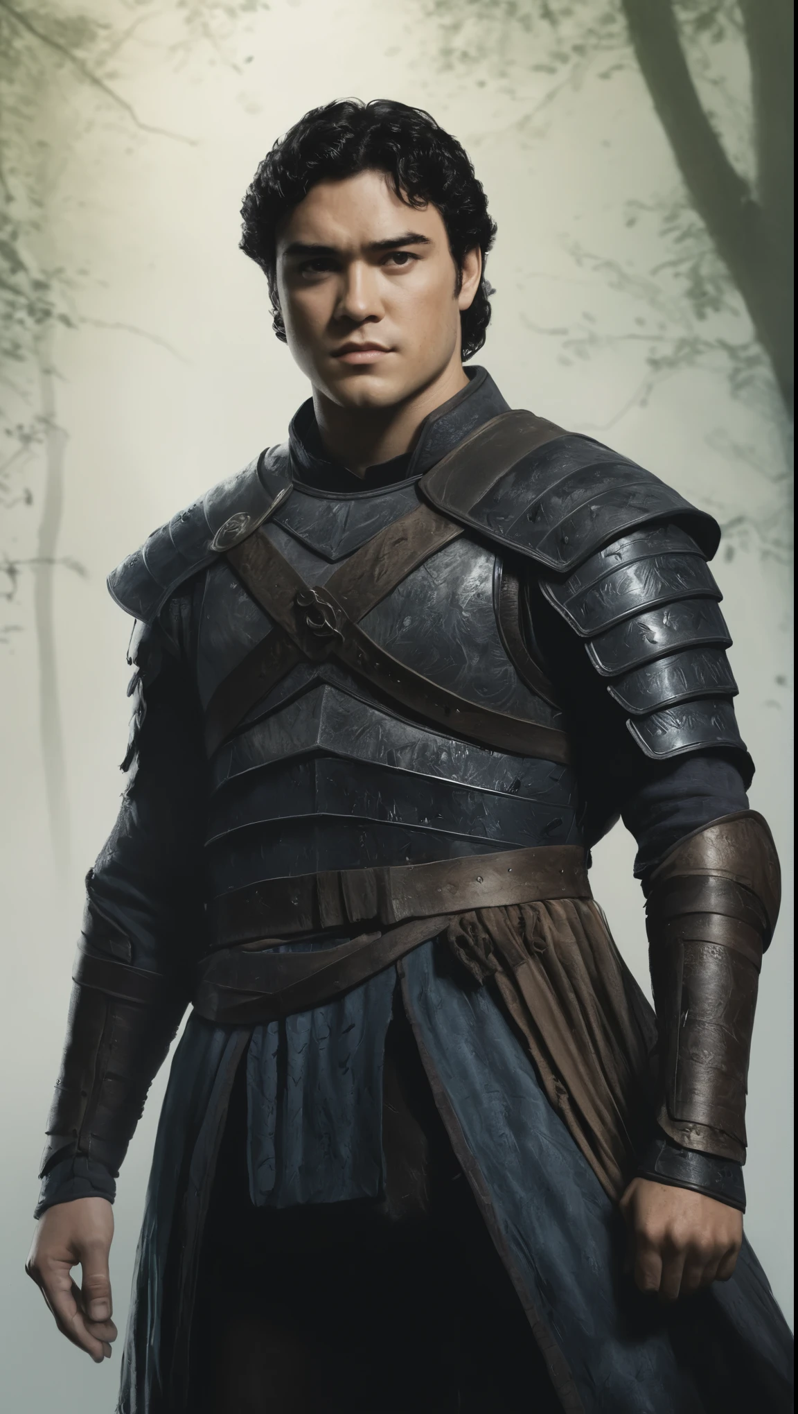 An illustrated movie poster, hand-drawn, full color, a giant fighter, 21 years-old, wearing a leather cuirass, resembles Dean Cain, sun-tanned skin, stocky physique, extremely tall, deep brown eyes, wide bulbous nose, black hair, curly hair, thick bushy eyebrows, scruffy beard, extremely hairy chest, stomach, and arms, lots of body hair, posing in a misty grove, hard shadows, graphite shading, stencil markings, airbrushed acrylic paint, masterpiece, in the style of Game of Thrones
