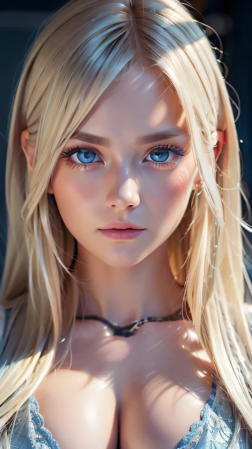 highest quality、8K Masterpiece、Ultra-high resolution、(Realistic:1.3)、RAW Photos、 girl of Scandinavian descent with shiny blonde hair、Silvery blonde hair、Super long straight hair、Bangs between the eyes、Hair above the eyes、片Hair above the eyes、Hair between the eyes、White and lustrous sk. Cyberpunk Super Beautiful Soldier、((Ultra-Realistic Details))、Portraiture、Global Illumination、Shadow Realm、Octane Rendering、8K、Super sharp、Beautiful breasts、Bare skhe cleavage is exposed、Me colors、、Very intricate details、Realistic Light、CG Association Trends、Very beauti, large light blue eyes、Very big eyes、Eyes shining towards the camera、Neon Details、Small Face Beauty、Round face、Cheek highlight