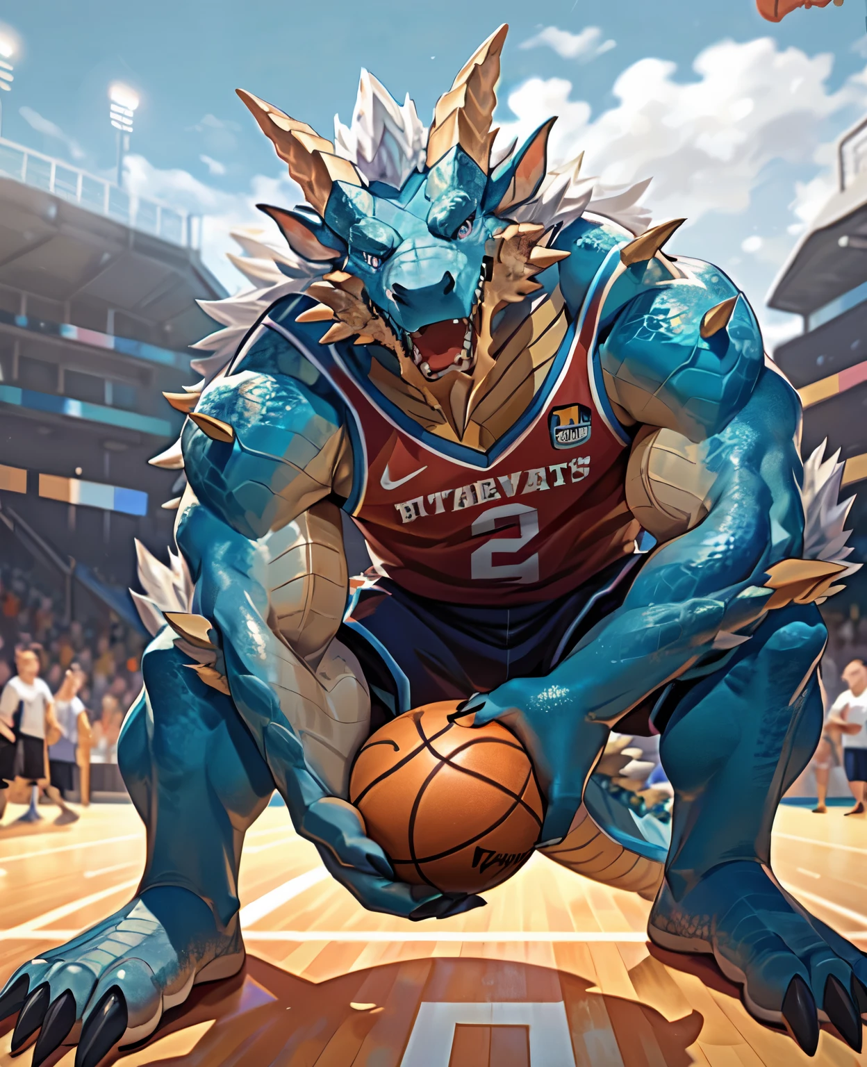 (full body), (soft shading), 4k, hi res, Zinogre, (dragon), Two-color, dragon's eyes, muscular, Perfect eyes, Handsome, OK,(white basketball jersey), (on the playground),(Express), sports field background,(close up),(Happy eyes:1.2),look at screen,(dragon horn),(dragon tail),different students,(16K),White belly,(sports field background),Perfect proportion,front,(wave hello，Watching you:1.5),(Basketball in hand:1.3),(Open your mouth slightly)