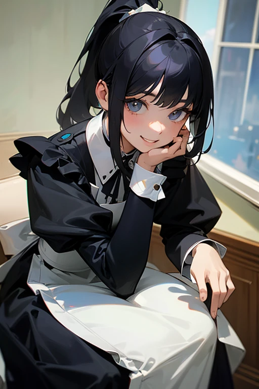 (Highest Resolution, clear_image) highest quality, Single person, One Woman, alone, masterpiece, Very detailed, Semi-realistic, Black Hairのショートヘア, Black Hair, bangs, 18-year-old, mature, light blue uniform, uniform, Indoor Background, kind, Authoritative, Powerful, exquisite features, exquisite features、Eyelashes become longer、Showing teeth、smile😀、Maid clothes、ponytail、Mid-chest、