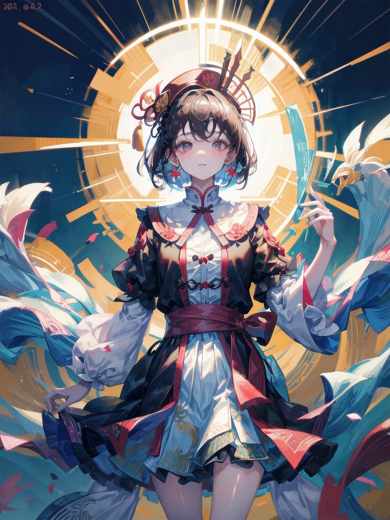 cemetery, dress, braid, chinese clothes, headwear, ofuda, jiangshi, qing guanmao, absurdres, RAW photo, extremely delicate and beautiful, masterpiece, Best Quality, ultra high resolution, 32k, hyperrealistic, ultra-detailed, detailed description, pale skin, 20 years old, tearful mole, earring, Colossal tits, short medium hair, wavy hair, whole body shot,