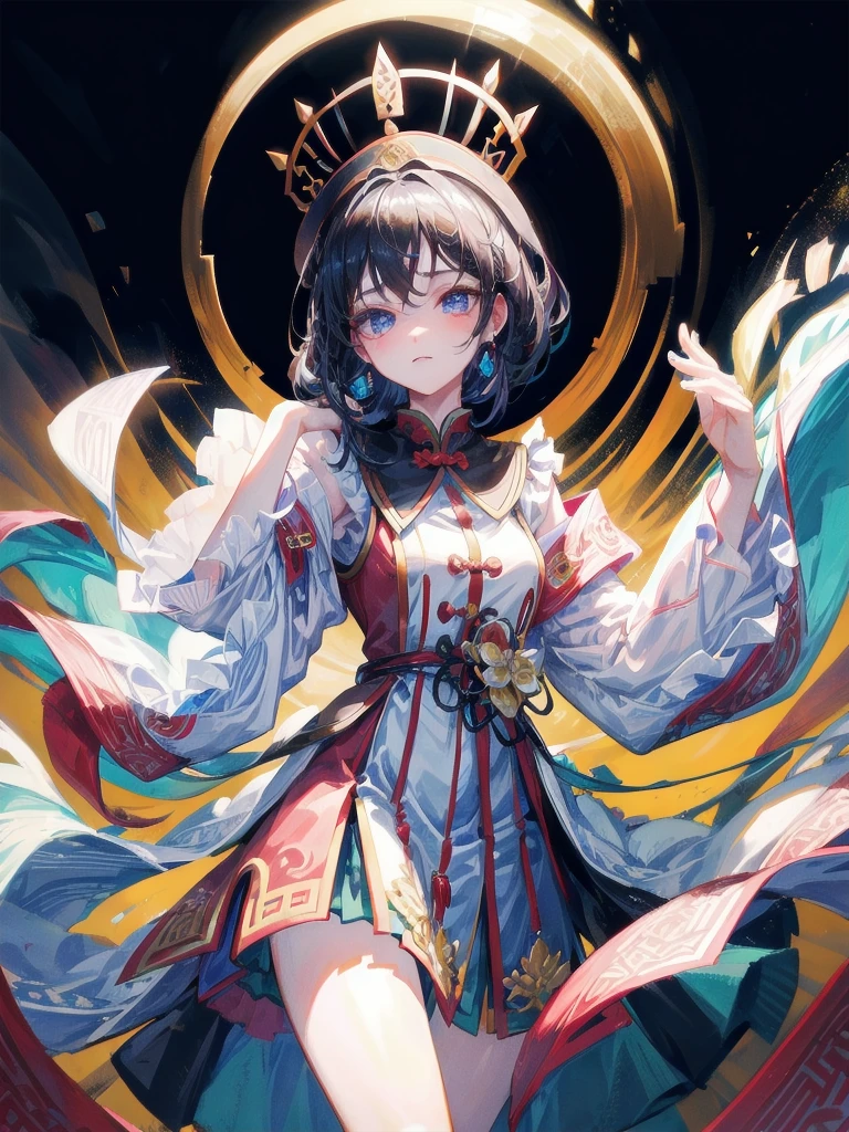 cemetery, dress, braid, chinese clothes, headwear, ofuda, jiangshi, qing guanmao, absurdres, RAW photo, extremely delicate and beautiful, masterpiece, Best Quality, ultra high resolution, 32k, hyperrealistic, ultra-detailed, detailed description, pale skin, 20 years old, tearful mole, earring, Colossal tits, short medium hair, wavy hair, whole body shot,