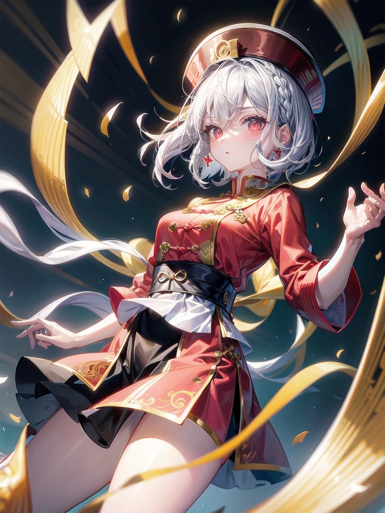 cemetery, dress, braid, chinese clothes, headwear, ofuda, jiangshi, qing guanmao, absurdres, RAW photo, extremely delicate and beautiful, masterpiece, Best Quality, ultra high resolution, 32k, hyperrealistic, ultra-detailed, detailed description, pale skin, 20 years old, tearful mole, earring, Colossal tits, short medium hair, wavy hair, whole body shot,