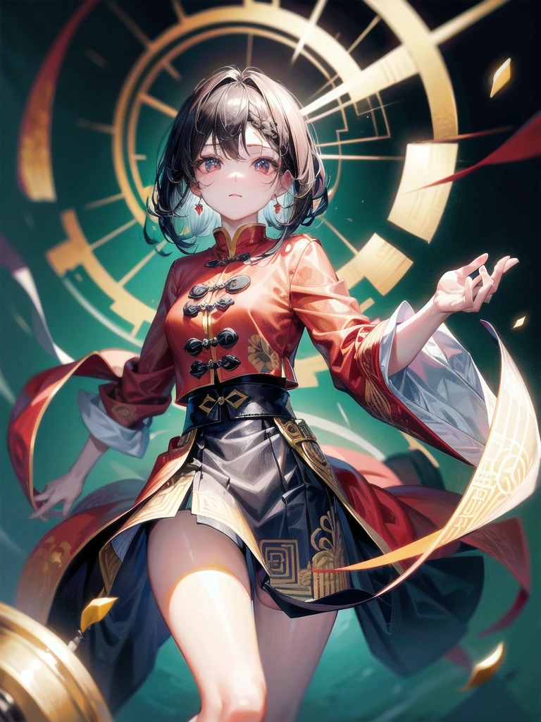 cemetery, dress, braid, chinese clothes, headwear, ofuda, jiangshi, qing guanmao, absurdres, RAW photo, extremely delicate and beautiful, masterpiece, Best Quality, ultra high resolution, 32k, hyperrealistic, ultra-detailed, detailed description, pale skin, 20 years old, tearful mole, earring, Colossal tits, short medium hair, wavy hair, whole body shot,