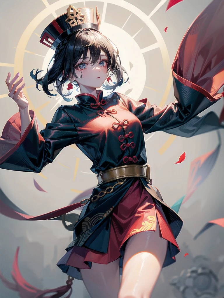 cemetery, dress, braid, chinese clothes, headwear, ofuda, jiangshi, qing guanmao, absurdres, RAW photo, extremely delicate and beautiful, masterpiece, Best Quality, ultra high resolution, 32k, hyperrealistic, ultra-detailed, detailed description, pale skin, 20 years old, tearful mole, earring, Colossal tits, short medium hair, wavy hair, whole body shot,