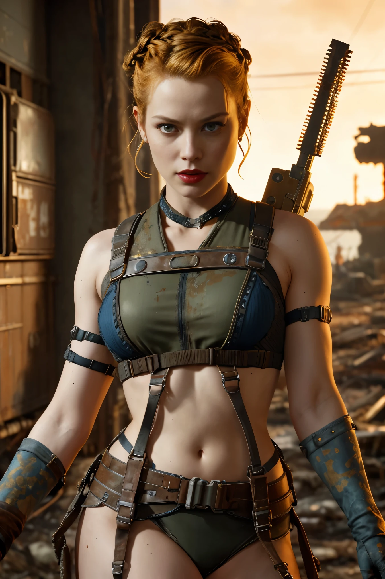 A fierce and beautiful woman, (Grace Kelly:Gillian Jacobs:0.5), braided punk hairstyle, (wearing a revealing high detail raider harness from Fallout 4), armed, high detail face, high detail skin, seductive expression, perfect body, (perfect proportions), a nuclear wasteland background with scattered ruins, high quality, (masterpiece), (realistic photo), intricately detailed, 8k, HDR, shallow depth of field, wide light, high contrast, backlight, sharp focus, RAW color photo, looking at the camera, vibrant colors, dynamic poses, in the style of Fallout 4