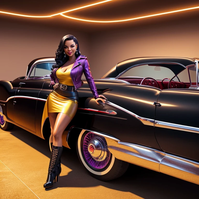 Gorgeous 32 years old smiling U.S. Actress Aletta Ocean, long smoth black hair, stout red lips, she is wearing a short leather skirt with frays, black leather gloves and Gauntlet boots, girl is sitting on the long hood of a shiny metallic glitter purple 1955 Chevrolt El Dorado U.S. low rider car with yellow and light red cheat-lines, standig in an automobile exhibition hall, dynamic scene, atmospheric lighting, photo, illustration, 3d render, fashion, vibrant, cinematic