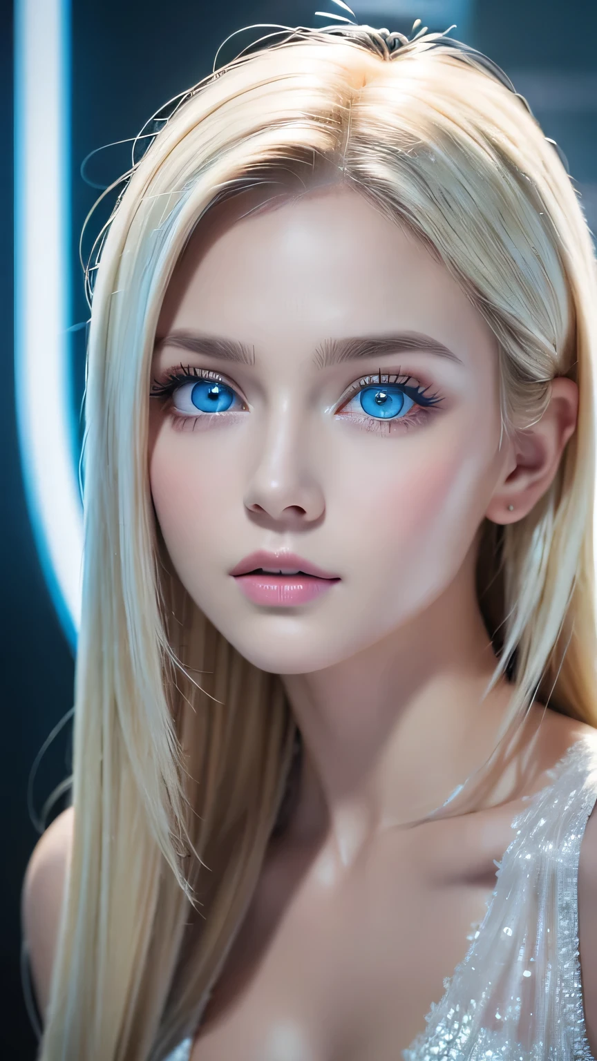 highest quality、8K Masterpiece、Ultra-high resolution、(Realistic:1.3)、RAW Photos、 girl of Scandinavian descent with shiny blonde hair、Silvery blonde hair、Super long straight hair、Bangs between the eyes、Hair above the eyes、片Hair above the eyes、Hair between the eyes、White and lustrous skin、1. Cyberpunk Super Beautiful Soldier、((Ultra-Realistic Details))、Portraiture、Global Illumination、Shadow Realm、Octane Rendering、8K、Super sharp、Beautiful breasts、Bare skin in the cleavage is exposed、Metal、Cold colors、、Very intricate details、Realistic Light、CG Association Trends、Very beautiful, large light blue eyes、Very big eyes、Eyes shining towards the camera、Neon Details、Small Face Beauty、Round face、Cheek highlight