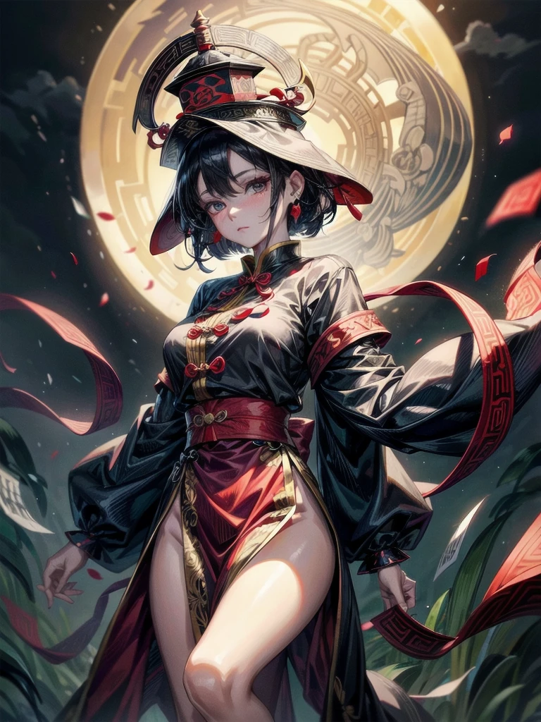 cemetery, dress, braid, chinese clothes, headwear, ofuda, jiangshi, qing guanmao, absurdres, RAW photo, extremely delicate and beautiful, masterpiece, Best Quality, ultra high resolution, 32k, hyperrealistic, ultra-detailed, detailed description, pale skin, 20 years old, tearful mole, earring, Colossal tits, short medium hair, wavy hair, whole body shot,