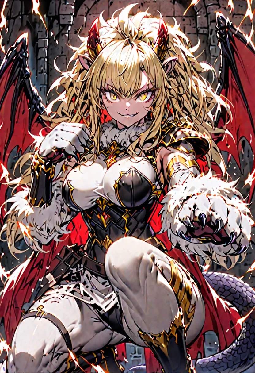 solo, female, sfw, medium shot, dungeon, fur on arms:1.2, animal hands, muscular, horns, lion ears, long messy hair, yellow eyes, armor, large breasts, white fur collar, attack stance, red bat wings, scorpion tail, smile, slit pupils