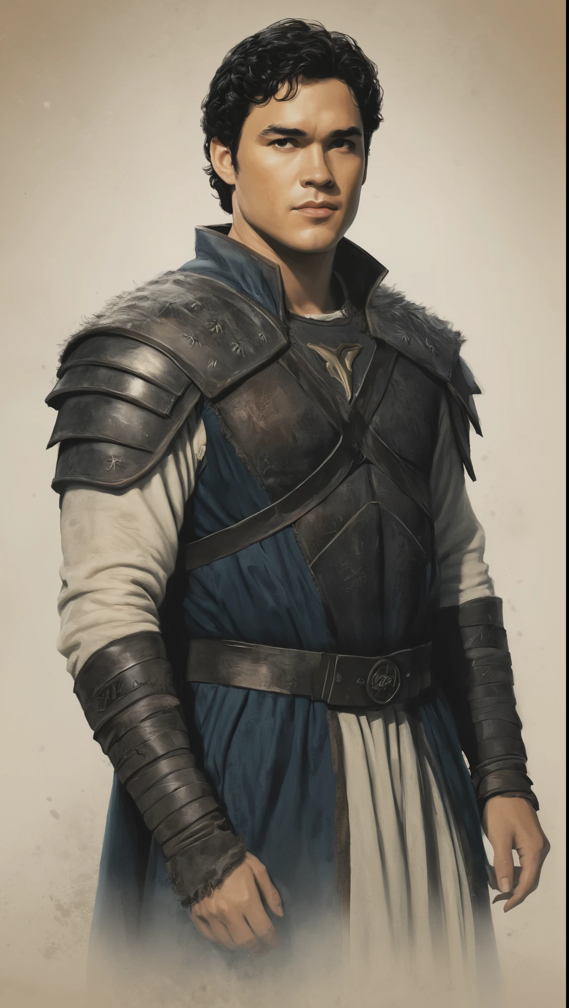 An illustrated movie poster, hand-drawn, full color, a giant fighter, 21 years-old, wearing a long surcoat, resembles Dean Cain, sun-tanned skin, stocky physique, extremely tall, deep brown eyes, wide bulbous nose, black hair, curly hair, thick bushy eyebrows, scruffy beard, extremely hairy chest, stomach, and arms, lots of body hair, posing in a misty grove, hard shadows, graphite shading, stencil markings, airbrushed acrylic paint, masterpiece, in the style of Game of Thrones