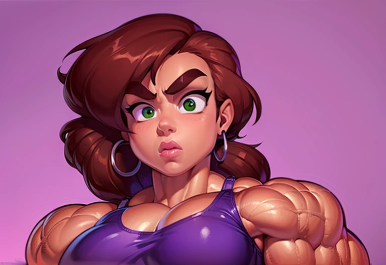 muscle woman with brunette hair wearing purple tank top, woman with huge muscles, stern expression, green eyes, angry expression