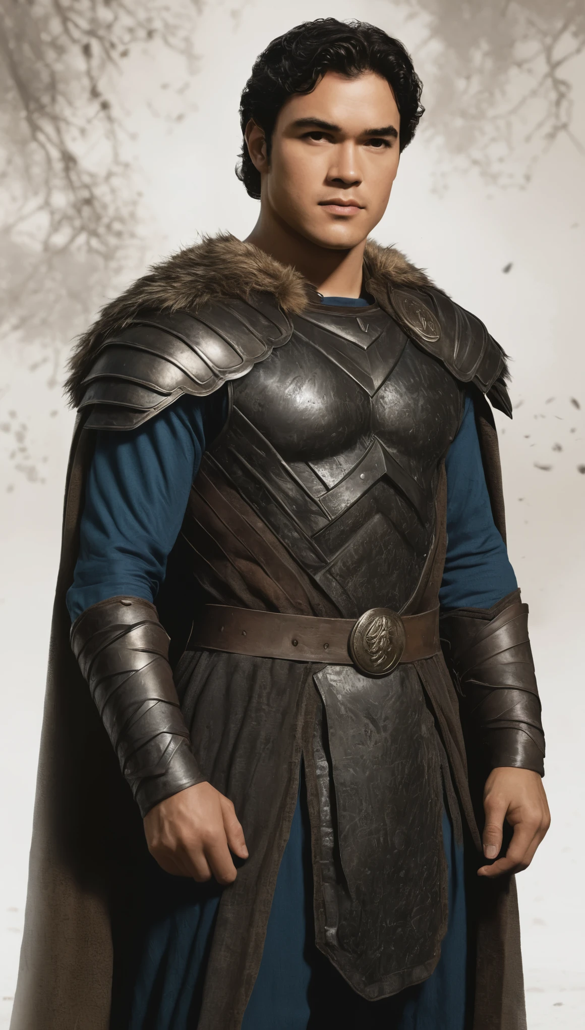 An illustrated movie poster, hand-drawn, full color, a giant fighter, 21 years-old, wearing a long surcoat, resembles Dean Cain, sun-tanned skin, stocky physique, extremely tall, deep brown eyes, wide bulbous nose, black hair, curly hair, thick bushy eyebrows, scruffy beard, extremely hairy chest, stomach, and arms, lots of body hair, posing in a misty grove, hard shadows, graphite shading, stencil markings, airbrushed acrylic paint, masterpiece, in the style of Game of Thrones