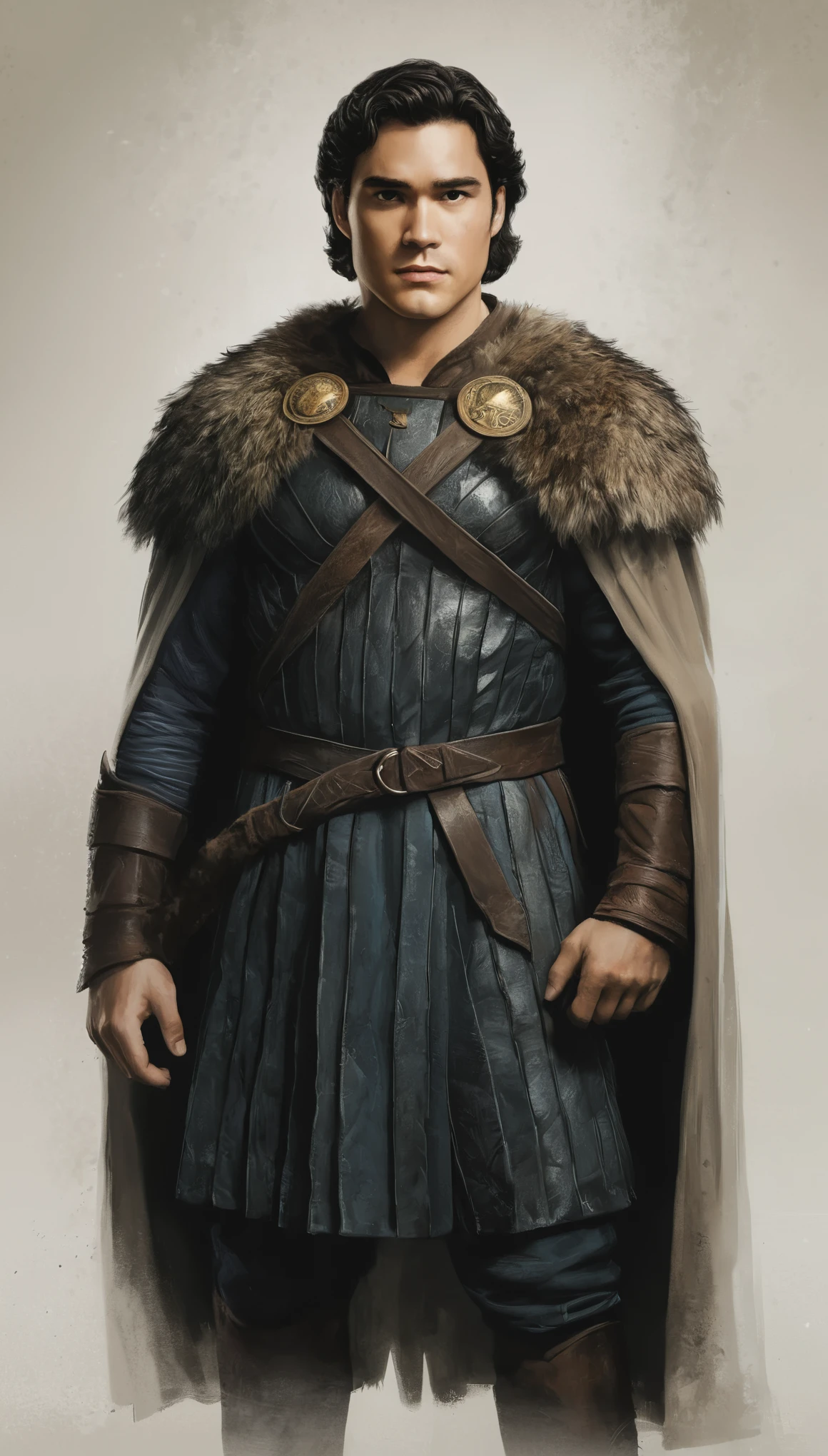 An illustrated movie poster, hand-drawn, full color, a giant fighter, 21 years-old, wearing a long surcoat, resembles Dean Cain, sun-tanned skin, stocky physique, extremely tall, deep brown eyes, wide bulbous nose, black hair, curly hair, thick bushy eyebrows, scruffy beard, extremely hairy chest, stomach, and arms, lots of body hair, posing in a misty grove, hard shadows, graphite shading, stencil markings, airbrushed acrylic paint, masterpiece, in the style of Game of Thrones