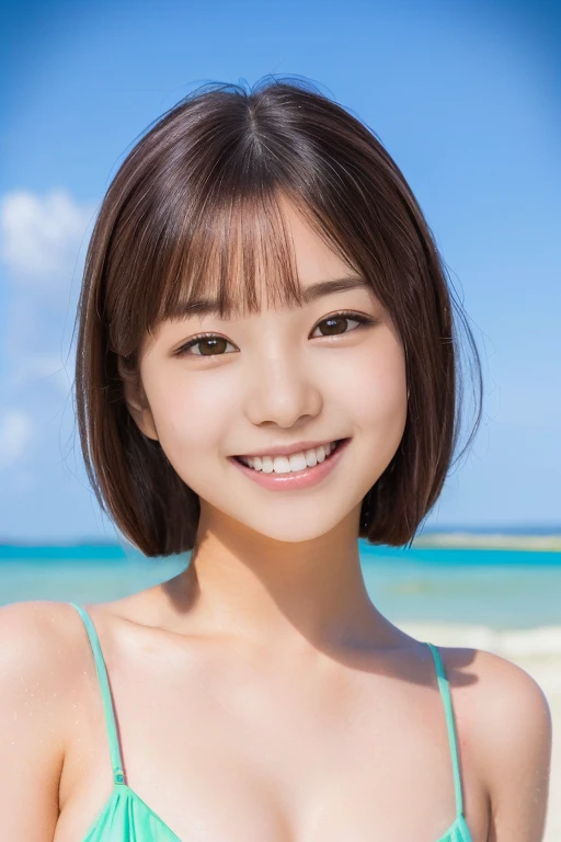 (Ultra-detailed、Surreal: 1.3)、Dazzling Smile、Cute smiling korean teen looking at camera、(detailed and bright eyes: 1.4)、(shoulder length brown straight hair、Long Bangs、Beautiful teeth alignment: 1.5) 、（8k、RAW Photos、Background Blur：1.2）、（so beautiful、very young face、Ultra-realistic skin texture：1.4）、（ standing on the beach wearing a pink bikini：1.5）