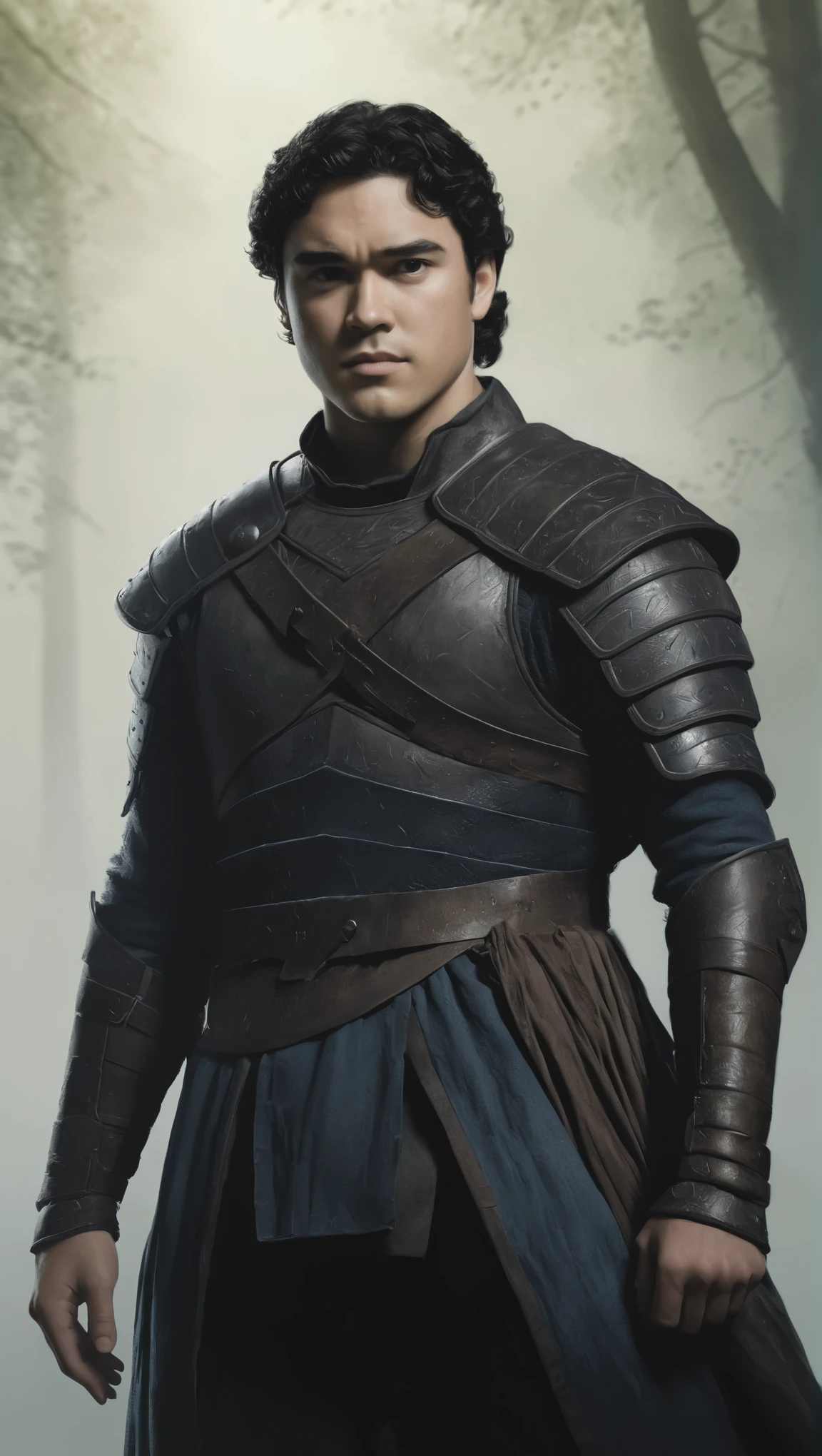 An illustrated movie poster, hand-drawn, full color, a giant fighter, 21 years-old, wearing a leather cuirass, resembles Dean Cain, sun-tanned skin, stocky physique, extremely tall, deep brown eyes, wide bulbous nose, black hair, curly hair, thick bushy eyebrows, scruffy beard, extremely hairy chest, stomach, and arms, lots of body hair, posing in a misty grove, hard shadows, graphite shading, stencil markings, airbrushed acrylic paint, masterpiece, in the style of Game of Thrones