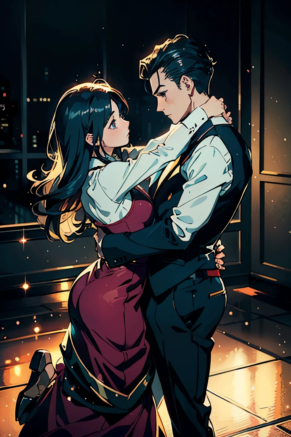 (Masterpiece), Anime Style, (Sensual Tango, 1 girl in a Sparkling Dress, 1 boy), (1.5 Perspective, Side View), Shiny Skin, (16:9 Aspect Ratio, 8K Wallpaper, High Resolution), Highly Detailed Animation, Physically-based Rendering, Dynamic Lighting, Vibrant Colors, (Dressed in Sparkling Ball Gown, Girl with Long Hair, Long Eyelashes, Rosy Cheeks), (Boy in Tuxedo, Slicked-Back Hair, Smoldering Eyes), (Tango Dance Move: Embrace, Spin