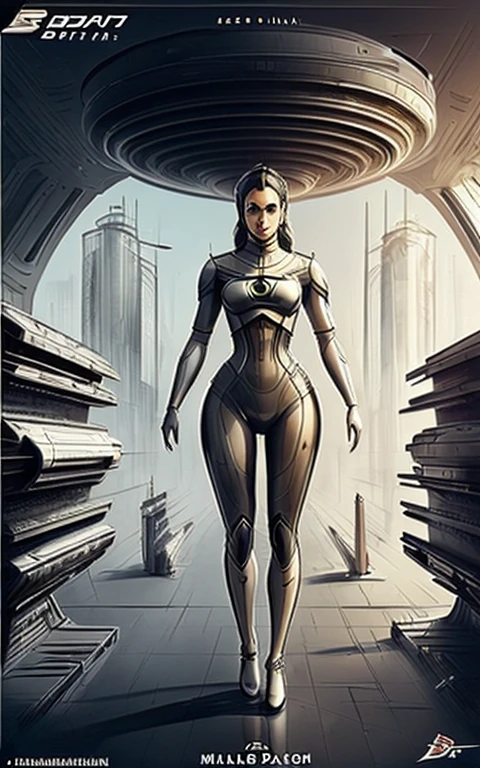 Obra de arte, melhor qualidade, bem detalhado, uma mulher dark skinned com traje futurista, scifi, ciborgue, You are in a futuristic city on another planet, panoramic view details