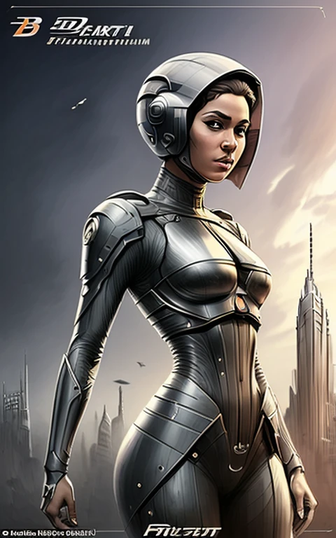 Obra de arte, melhor qualidade, bem detalhado, uma mulher dark skinned com traje futurista, scifi, ciborgue, You are in a futuristic city on another planet, panoramic view details