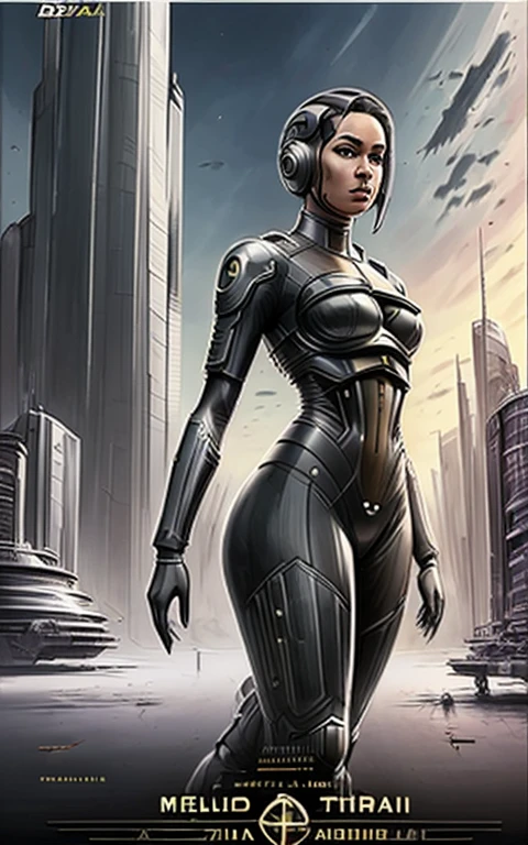 Obra de arte, melhor qualidade, bem detalhado, uma mulher dark skinned com traje futurista, scifi, ciborgue, You are in a futuristic city on another planet, panoramic view details