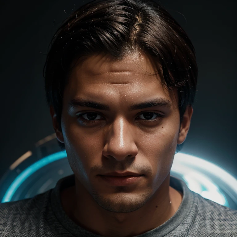 Create a face of a young man from the future wearing a t-shirt with the name José Mac with neom effects and in full HD quality