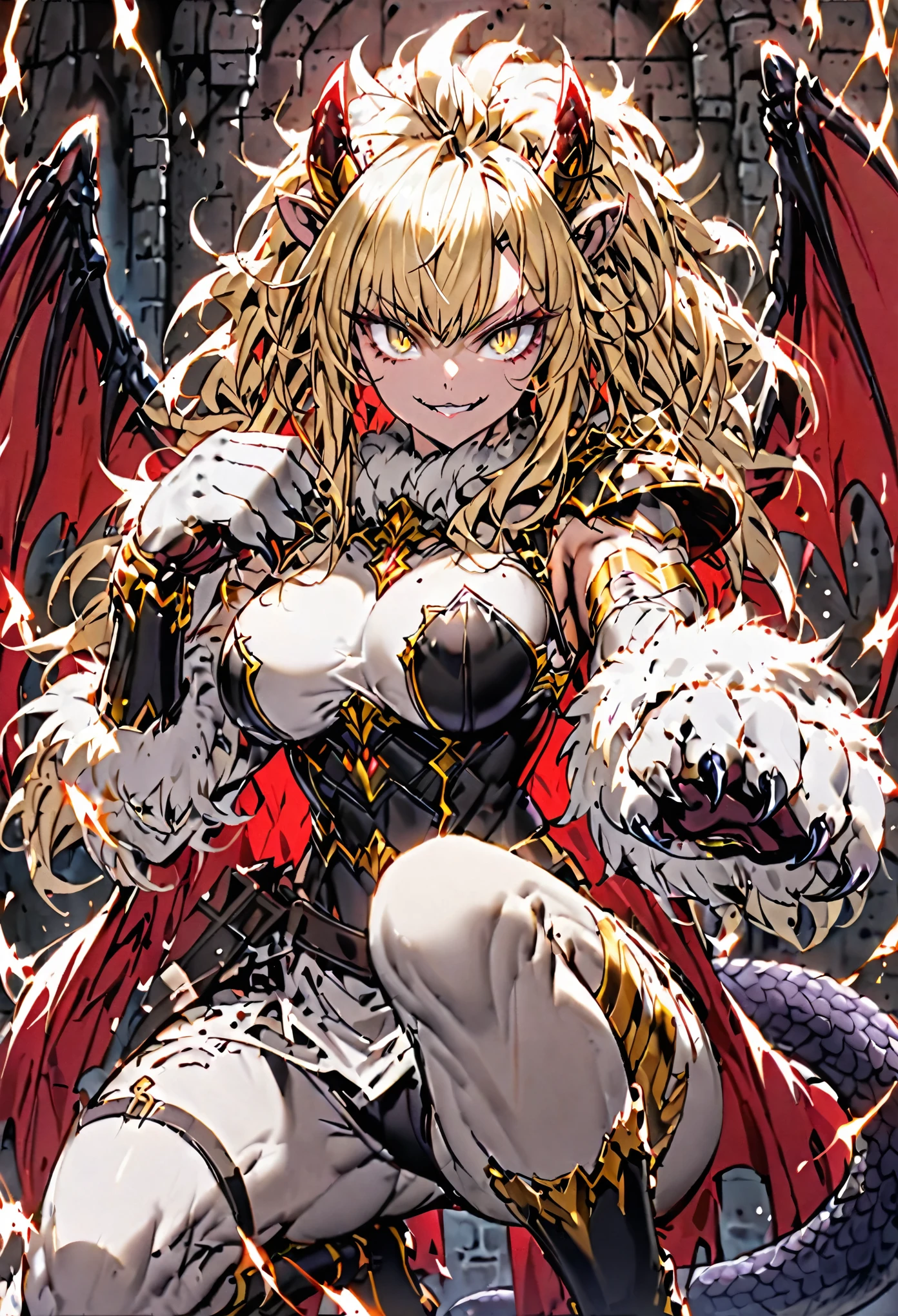 solo, female, sfw, medium shot, dungeon, fur on arms:1.2, animal hands, muscular, horns, lion ears, long messy hair, yellow eyes, armor, large breasts, white fur collar, attack stance, red bat wings, scorpion tail, smile, slit pupils