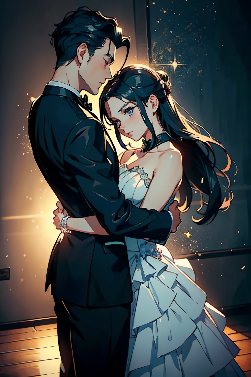 (Masterpiece), Anime Style, (Sensual Tango, 1 girl in a Sparkling Dress, 1 boy), (1.5 Perspective, Side View), Shiny Skin, (16:9 Aspect Ratio, 8K Wallpaper, High Resolution), Highly Detailed Animation, Physically-based Rendering, Dynamic Lighting, Vibrant Colors, (Dressed in Sparkling Ball Gown, Girl with Long Hair, Long Eyelashes, Rosy Cheeks), (Boy in Tuxedo, Slicked-Back Hair, Smoldering Eyes), (Tango Dance Move: Embrace, Spin