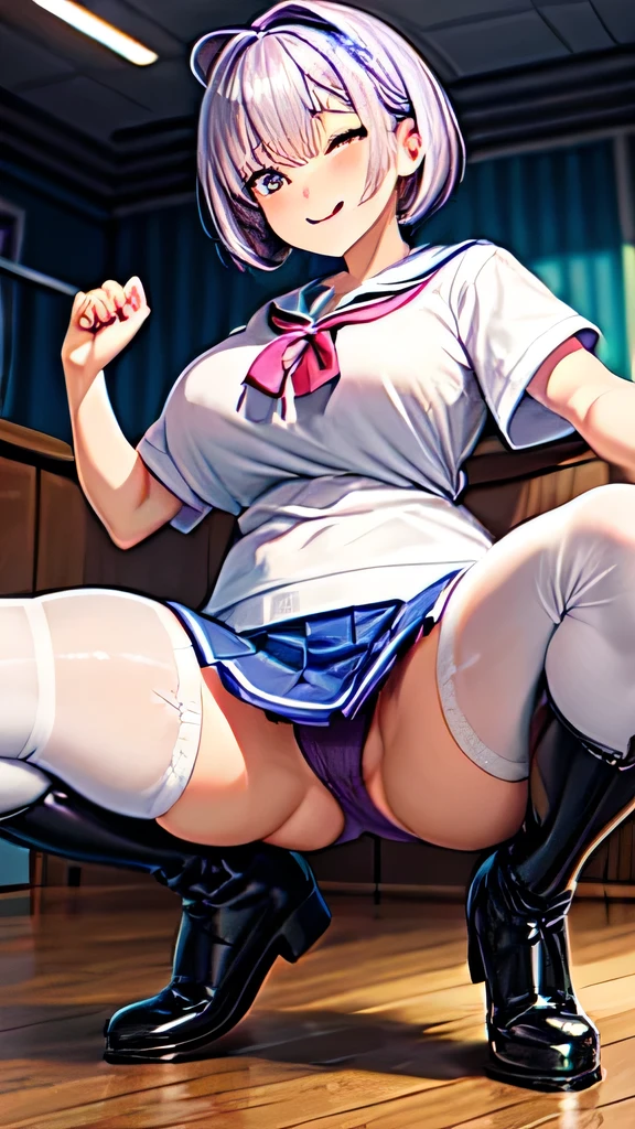 masterpiece、highest quality、Cute 、Light purple hair、Short Bob、(One eye is covered by hair)、Super big 、Nipple erection、Plump body、White T-shirt、Bright bloomers、Sweaty、Sweaty clothes、Sheer knee socks、Get on the boots、During squats、Full body portrait、locker room、Grinning mouth、Drooling、Wearing bloomers、High leg bloomers