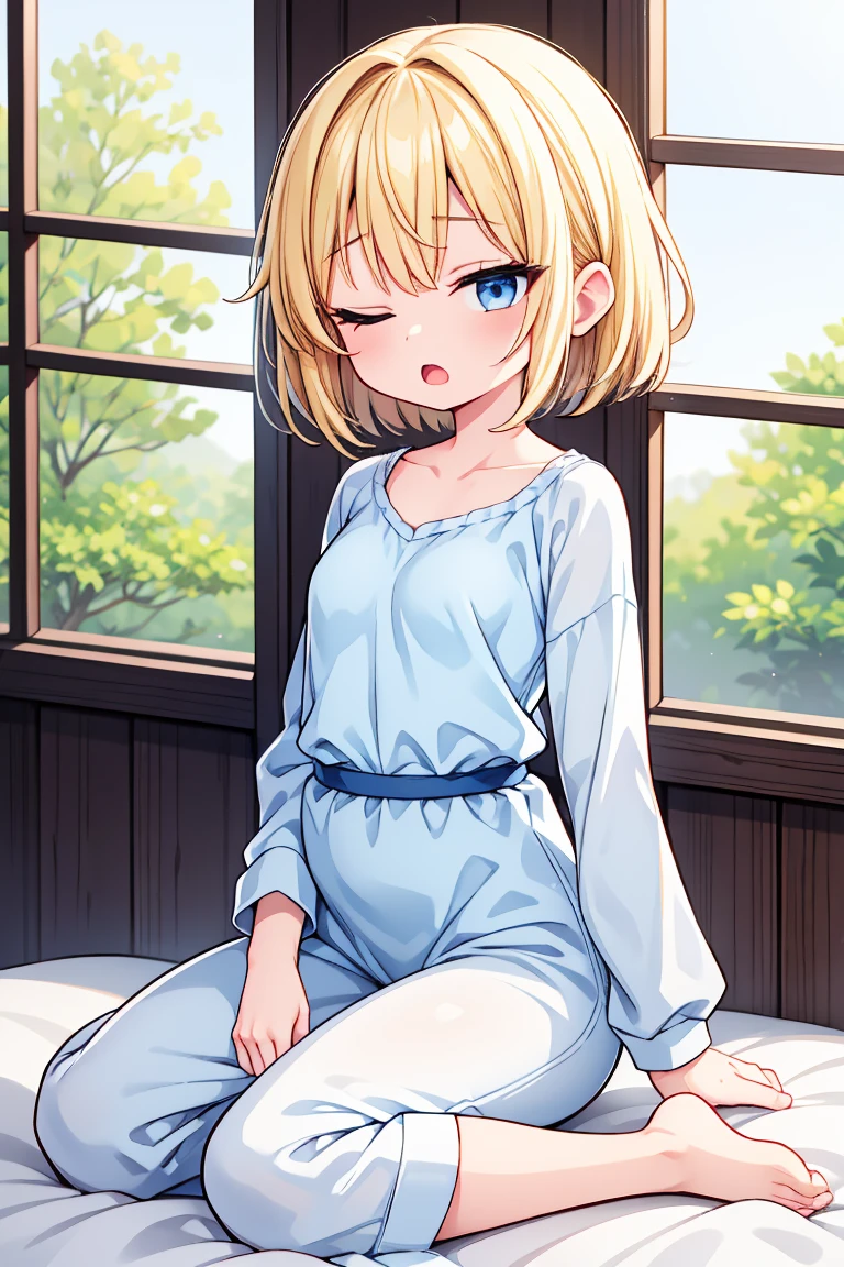 ((ultra detailed, masterpiece, best quality, 8k)), BREAK, 1girl, solo, (very flat breasts:1.4), (chibi:0.6),clear skinned female:1.2, ,(clear skin:1.8), blonde hair, short hair, pixie cut, wavy hair, blue eyes, one eyes closed, wake up yawn, open mouth, covering mouth, pijamas, (white pijamas), window, morning, looking at viewer, sitting, seiza, waking up, on bed, full body, detailed hands, BREAK
